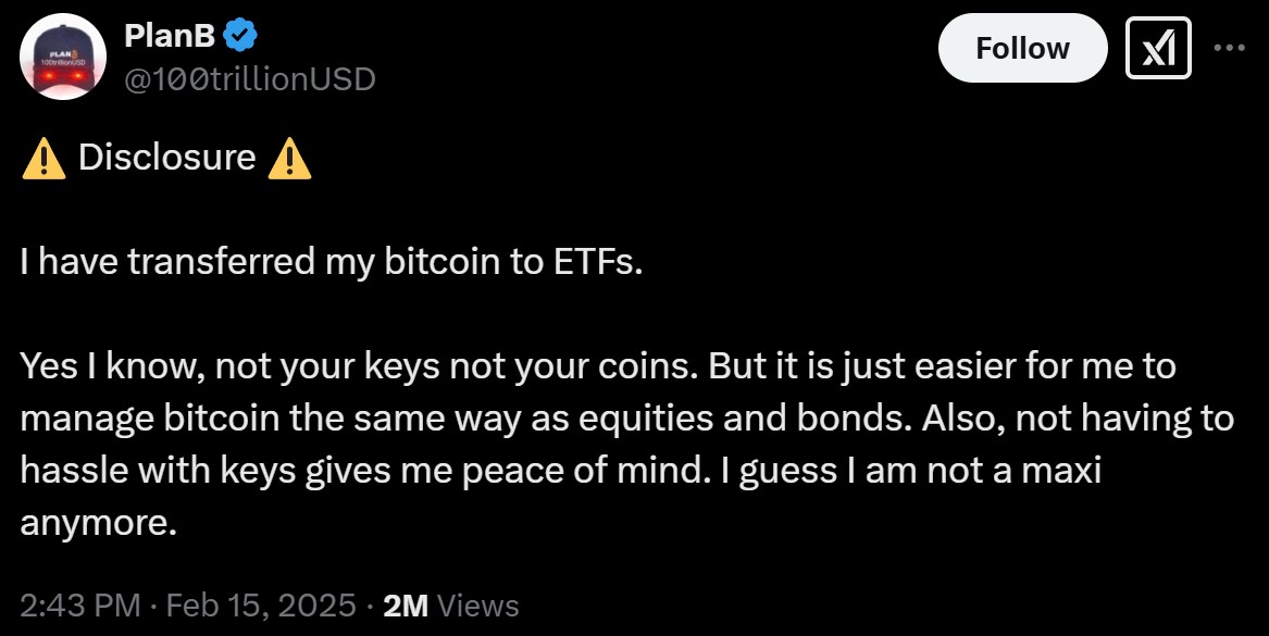 پلن بی، بیت کوین های خود را به ETFها منتقل کرد